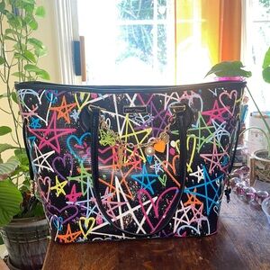 Betsy Johnson Colorful Graffiti Heart Tote Bag - Black Multicolor